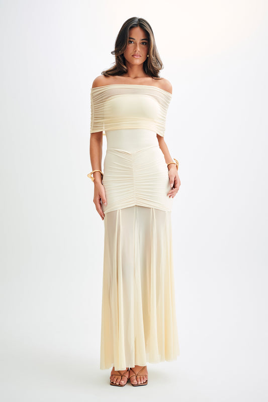 ISADORA SLINKY AND MESH OFF SHOULDER MAXI DRESS